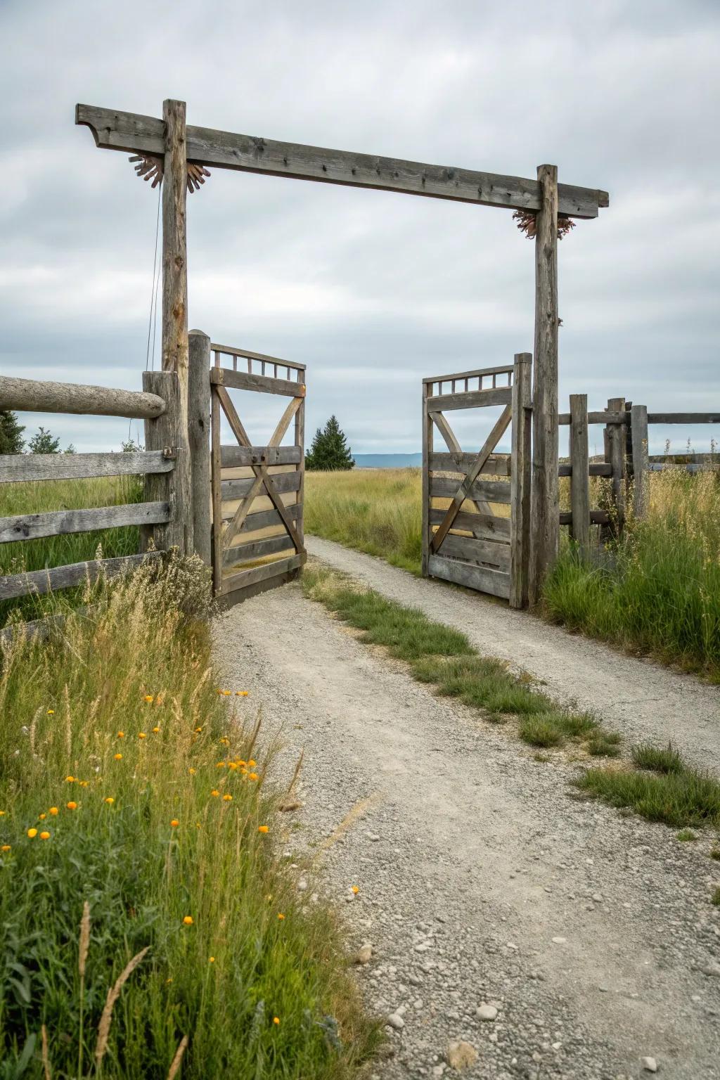 A rustic entrance featuring a gate crafted from reclaimed wood.