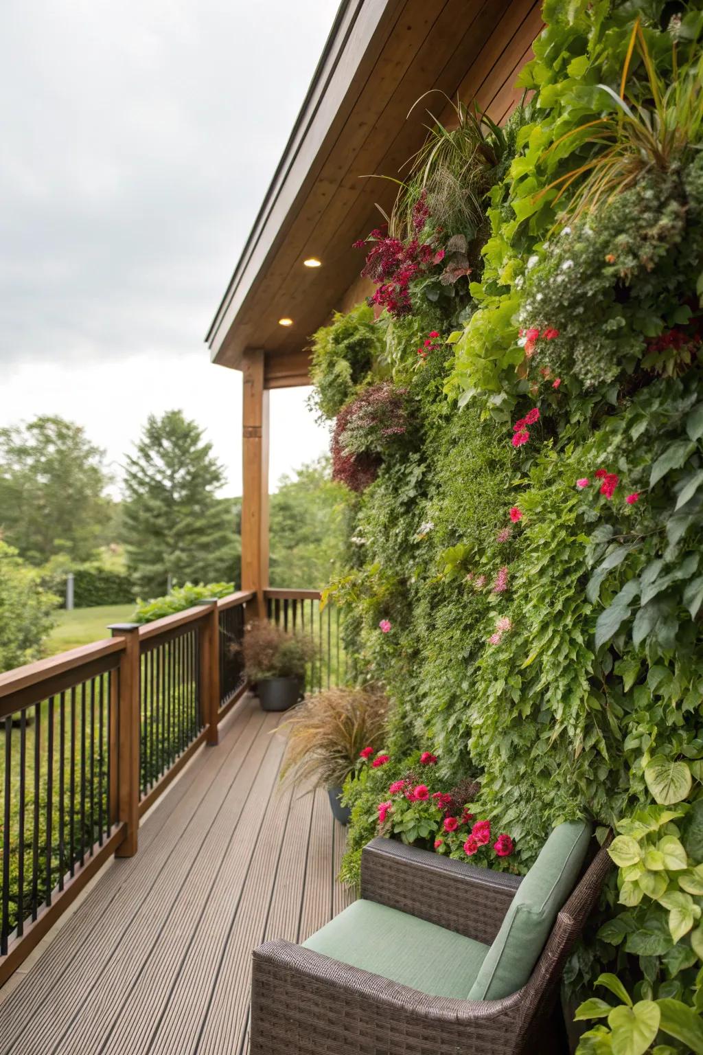 A living green wall adds life and color to the deck.