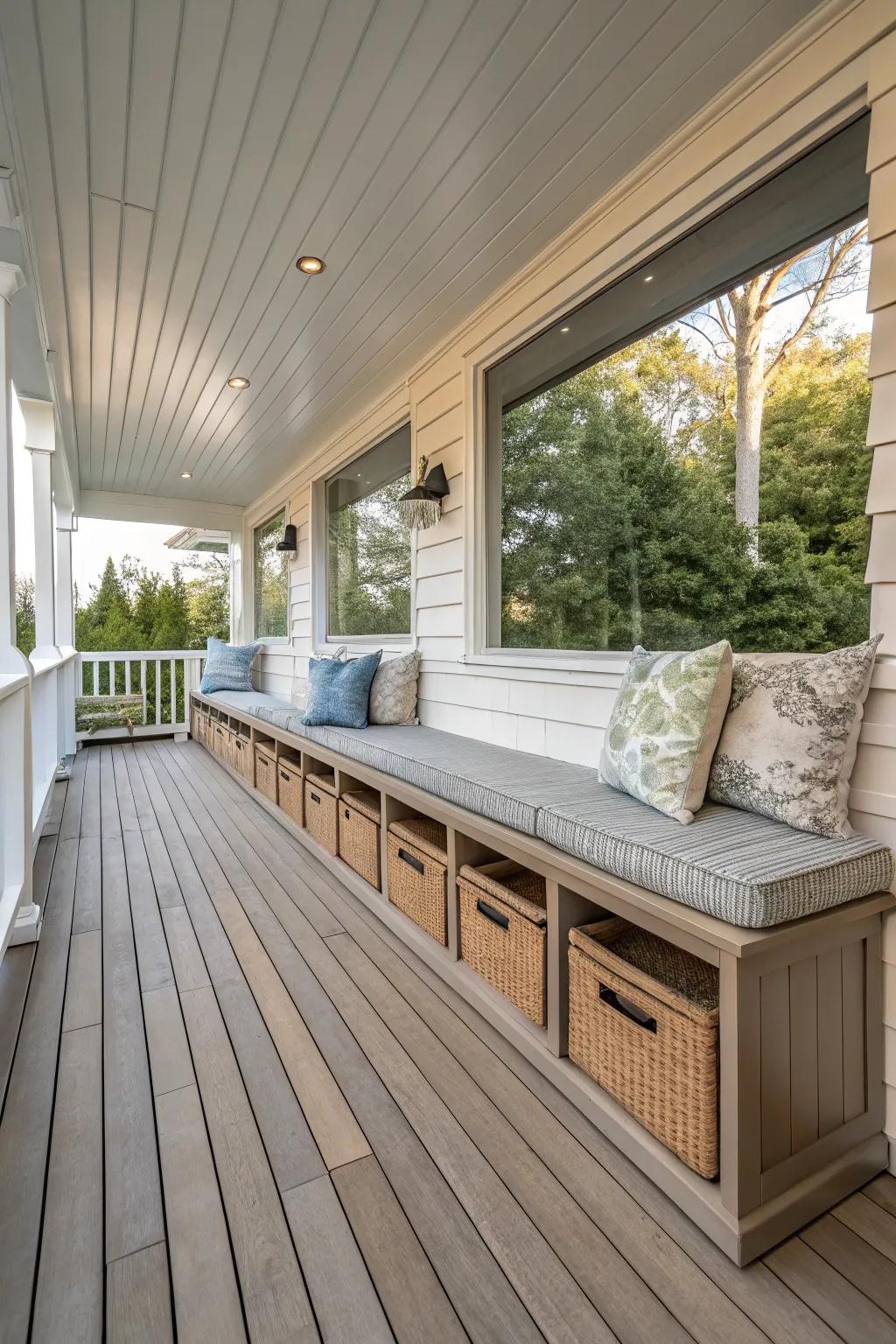 Built-in benches provide seating and practical storage.