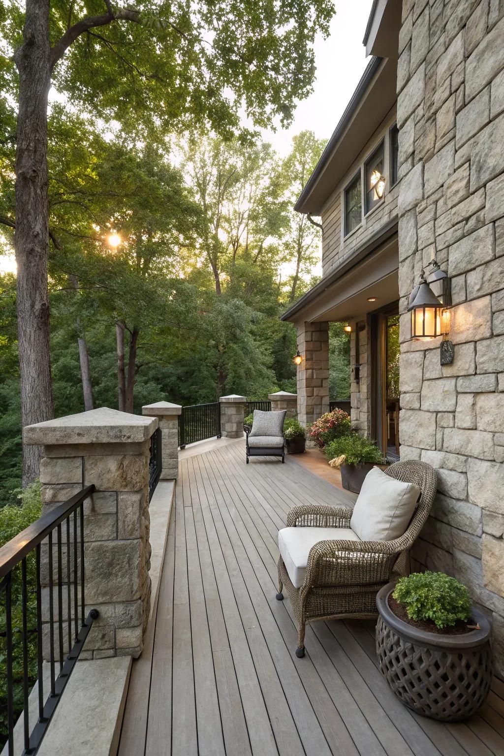 Stone cladding adds timeless elegance to deck walls.