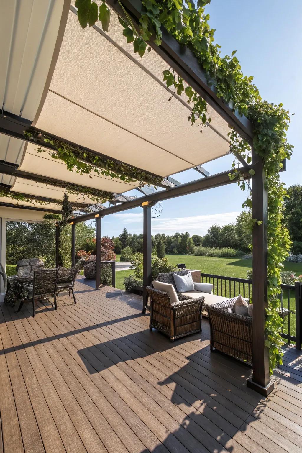 Pergolas with shades offer shelter and intimacy.