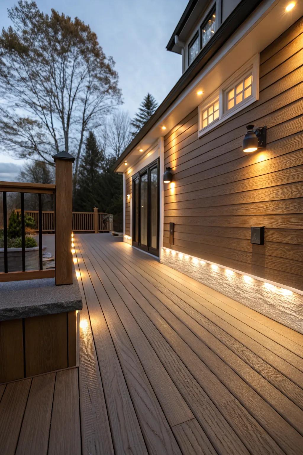 Integrated lighting brings warmth and charm to the deck.