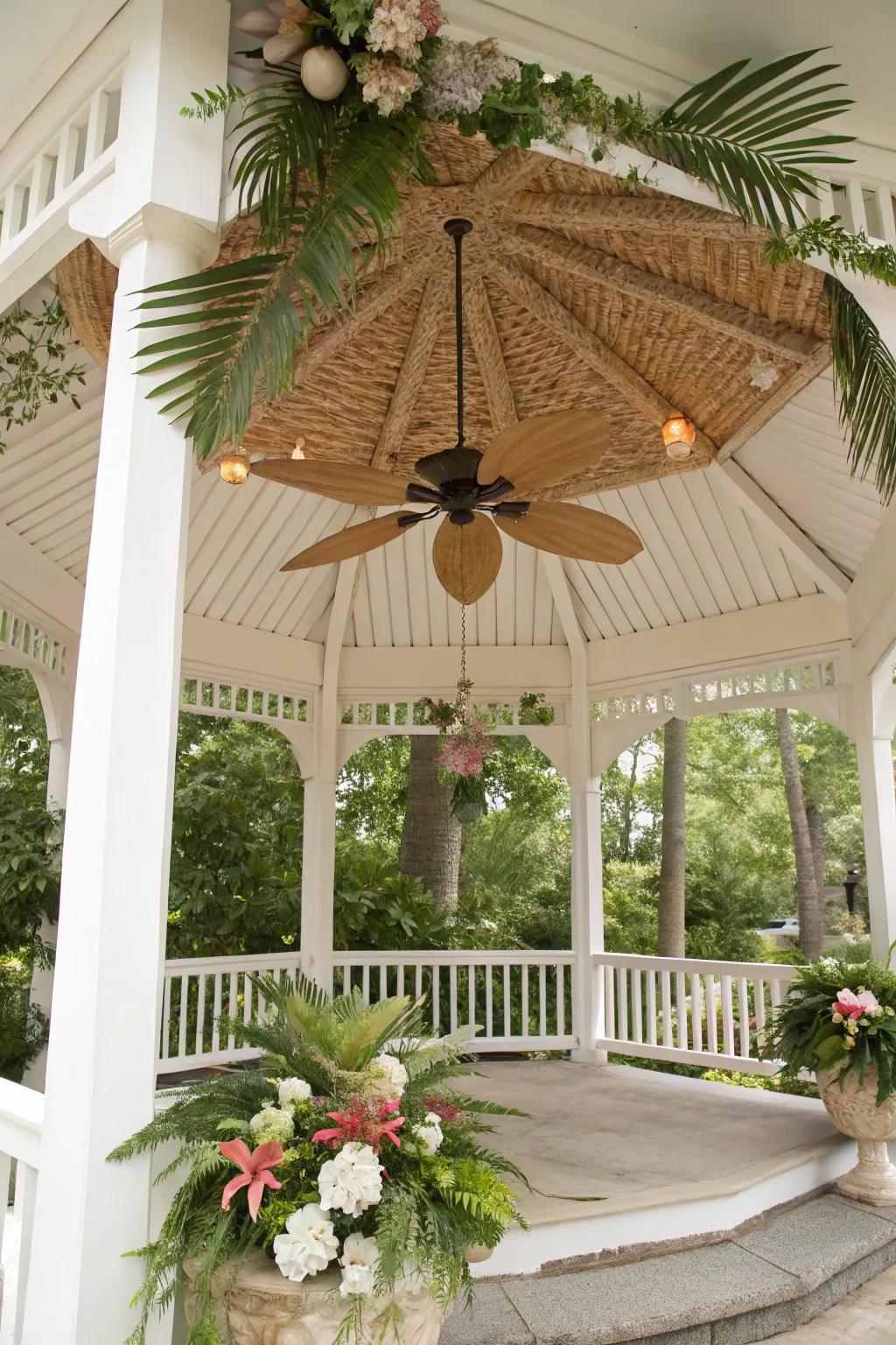 Tropical fans bring a beachside vibe to your gazebo.