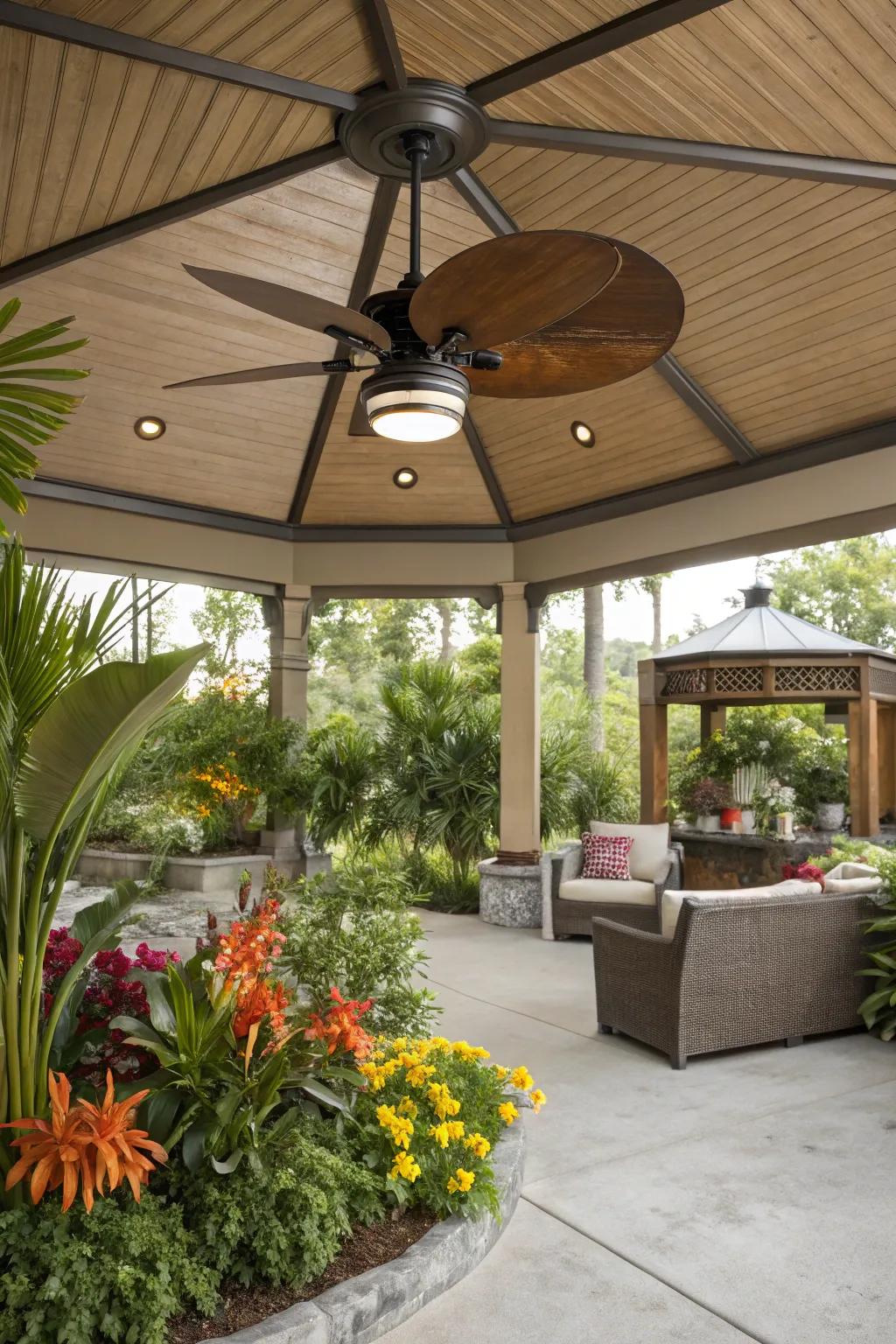 Industrial fans add a bold, chic touch to outdoor spaces.