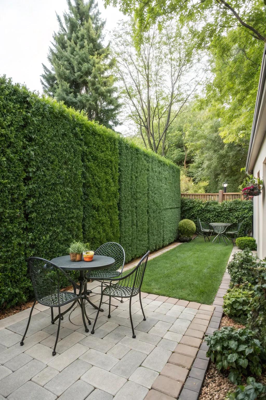 Privacy-enhancing hedge wall providing a secluded patio area.