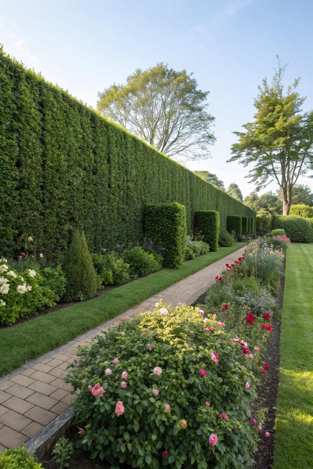 A hedge wall providing noise reduction in a busy garden area.