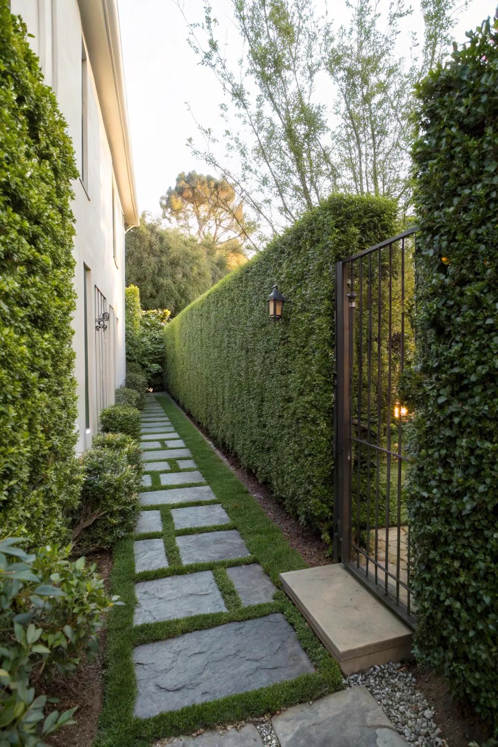 A compact hedge wall enhancing a narrow outdoor space.