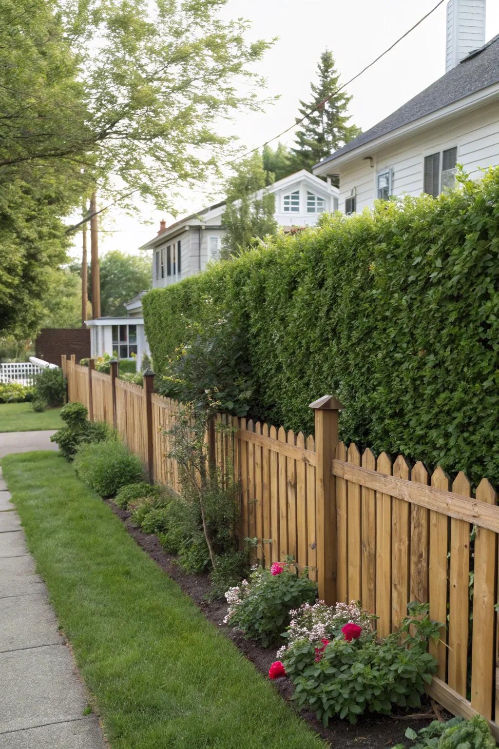 A hedge wall enhancing privacy with additional fencing.