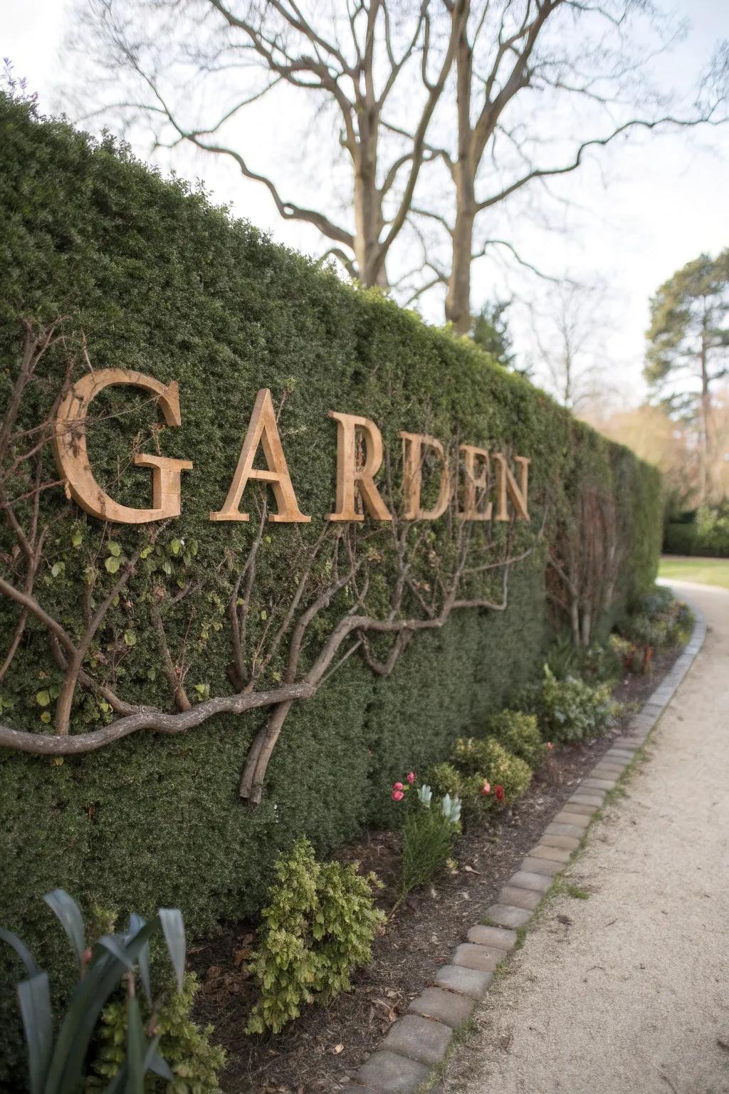 A personalized hedge wall with integrated text elements.