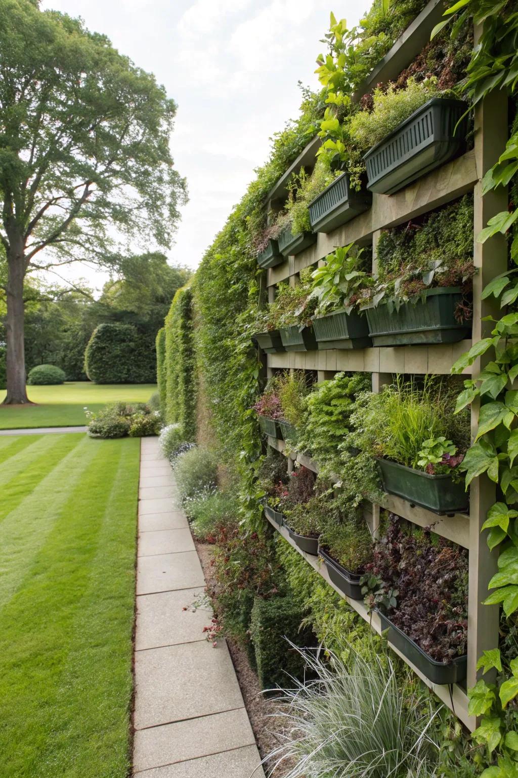A vertical garden with planters incorporated into a hedge wall.