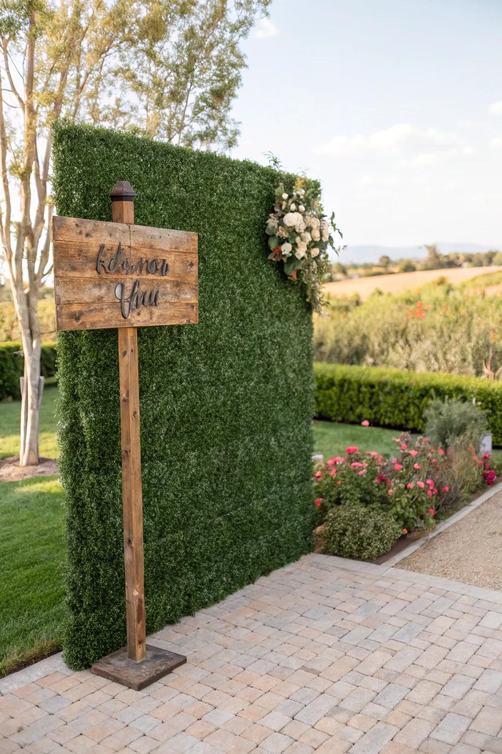 A decorative hedge wall serving as a backdrop for a garden sign.