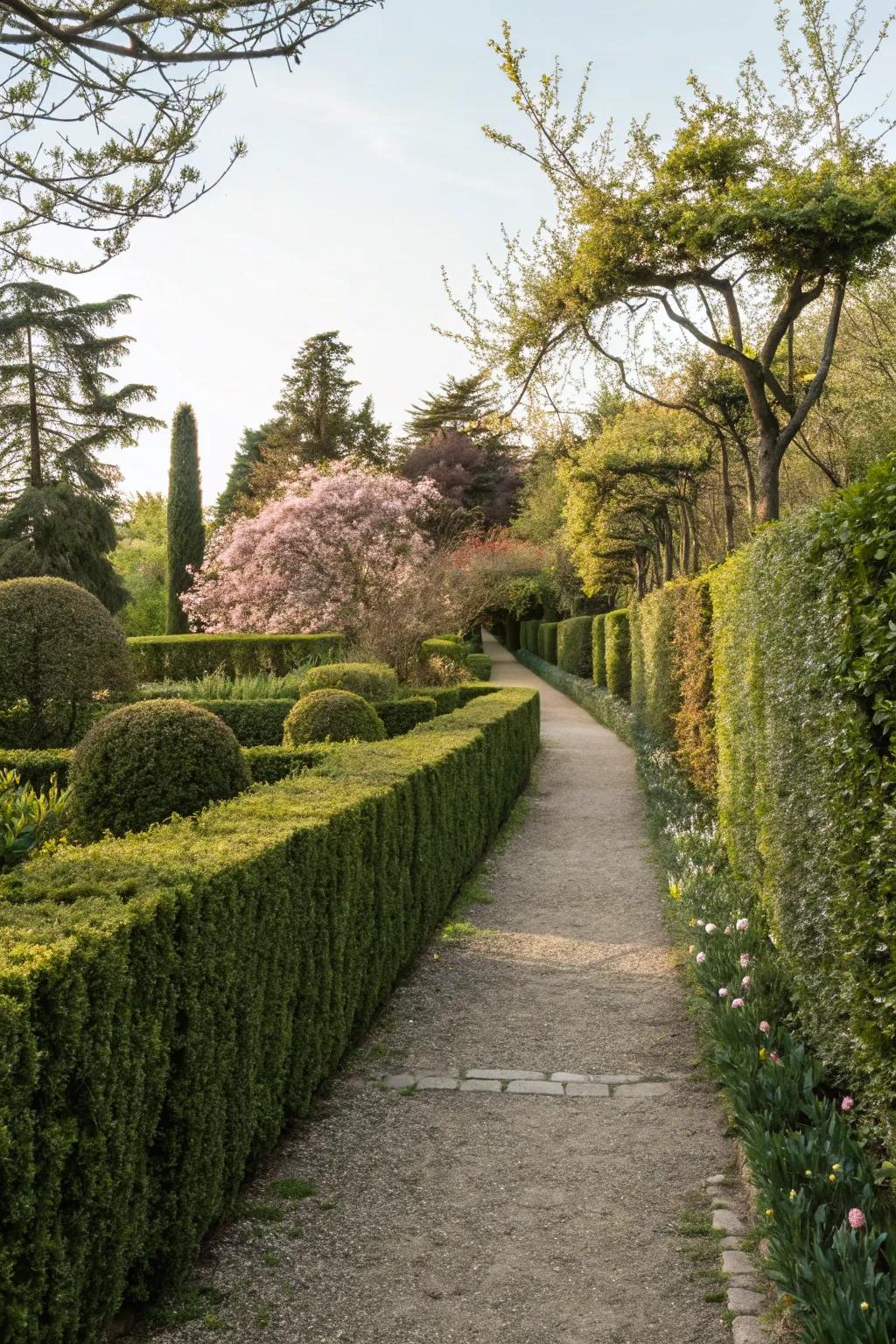 Hedge walls accenting a picturesque garden pathway.
