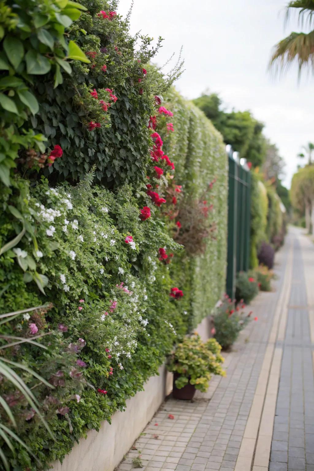 A textured hedge wall featuring diverse greenery and blooms.