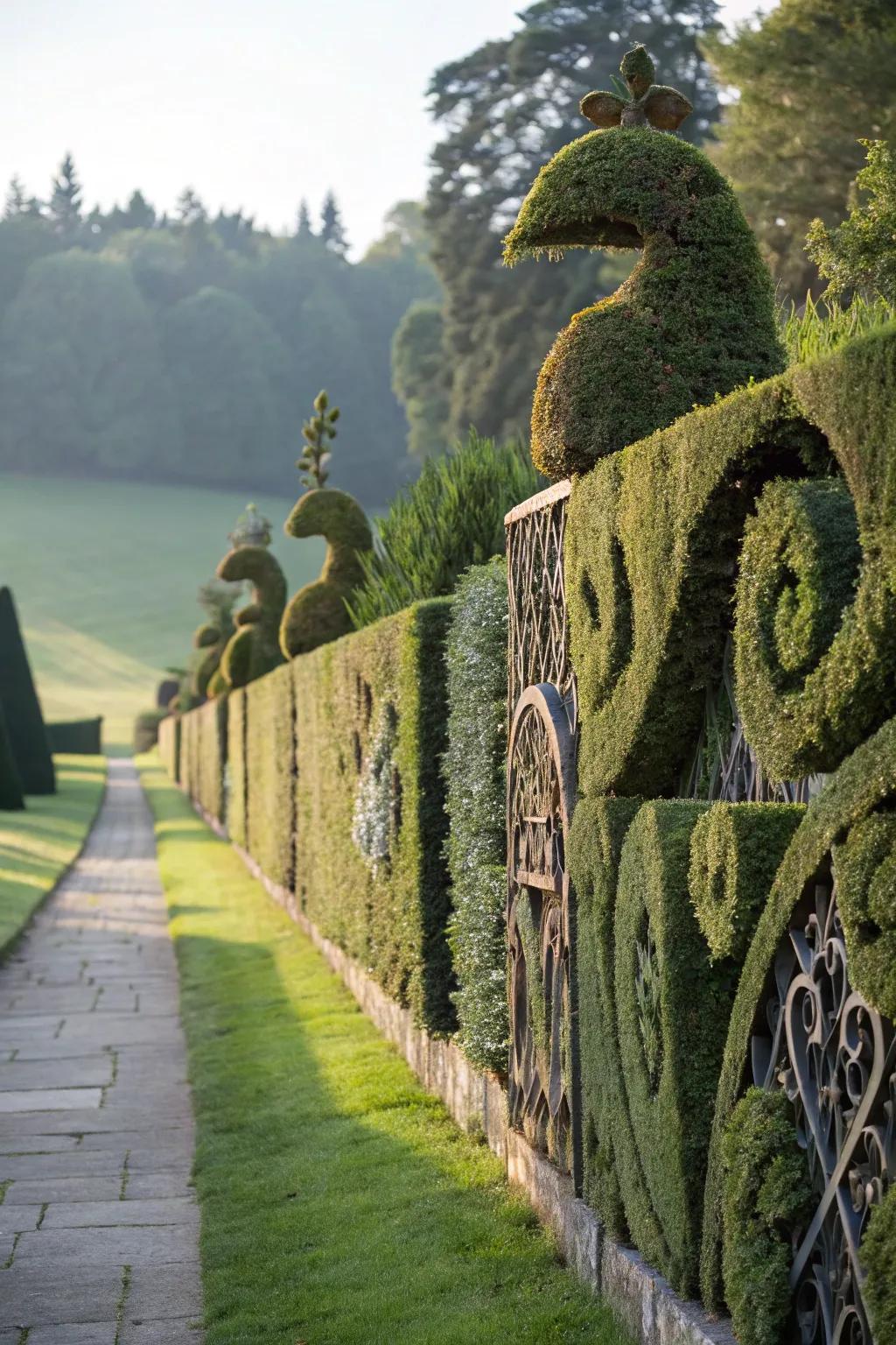 A hedge wall featuring artistic and creative designs for a unique look.
