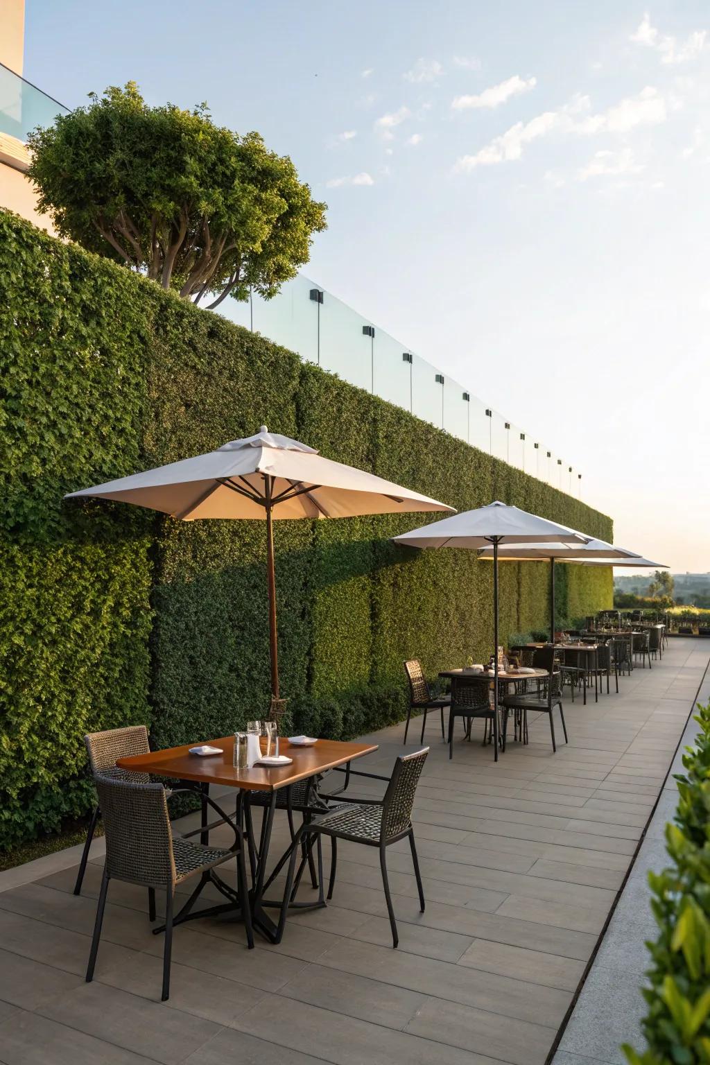 A dining area with a natural hedge wall backdrop enhancing mealtime ambiance.