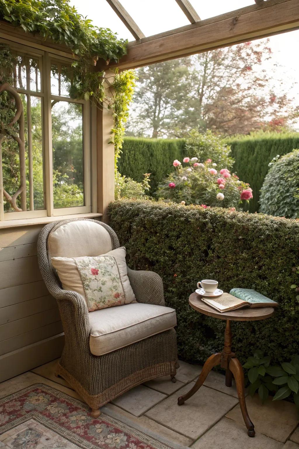 An unexpected garden corner transformed into a cozy nook with hedge walls.