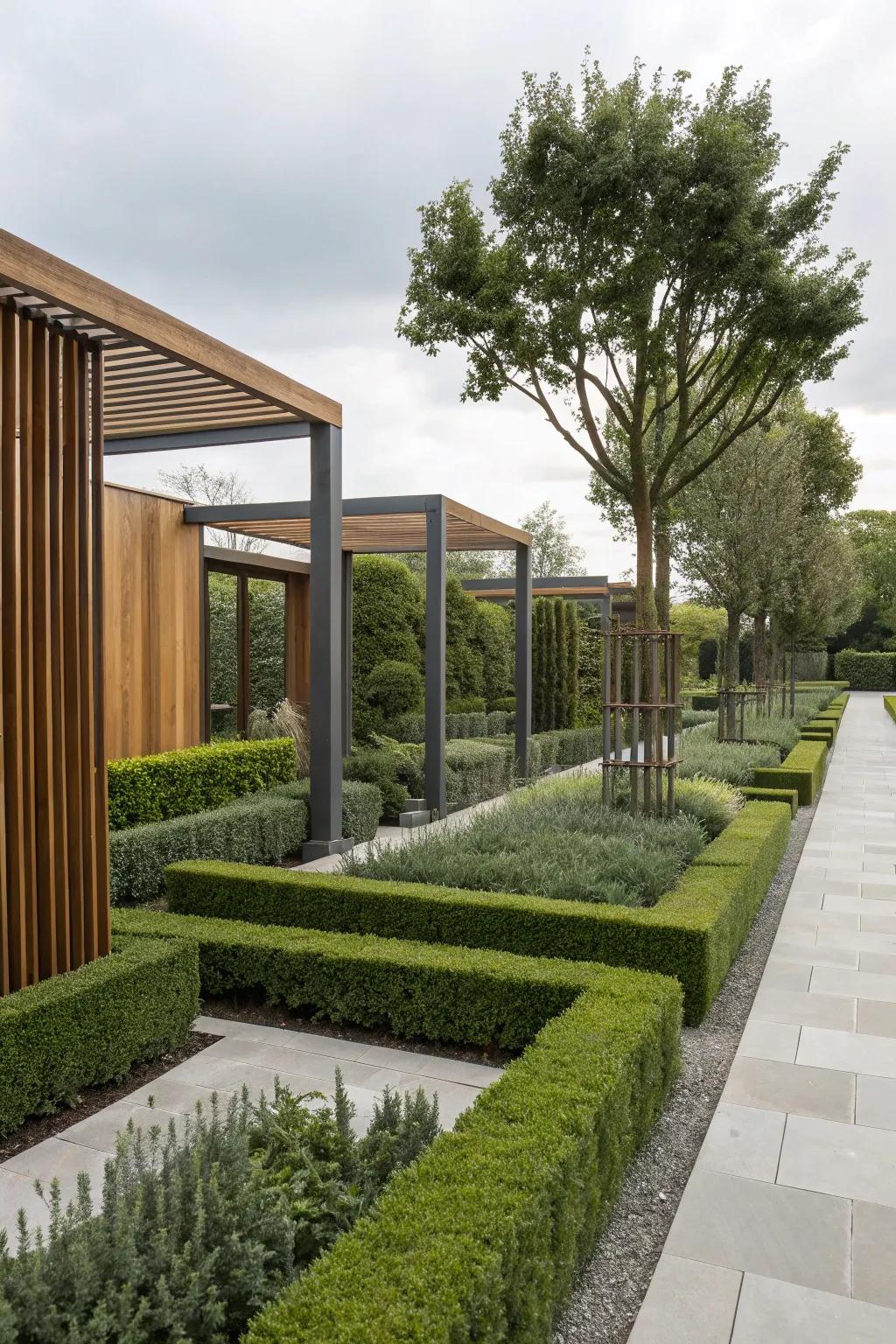 A modern landscape featuring hedge walls and sleek materials.