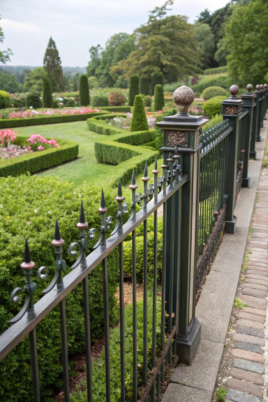 Sophisticated garden with a bold dark-toned metal fence and metal posts.