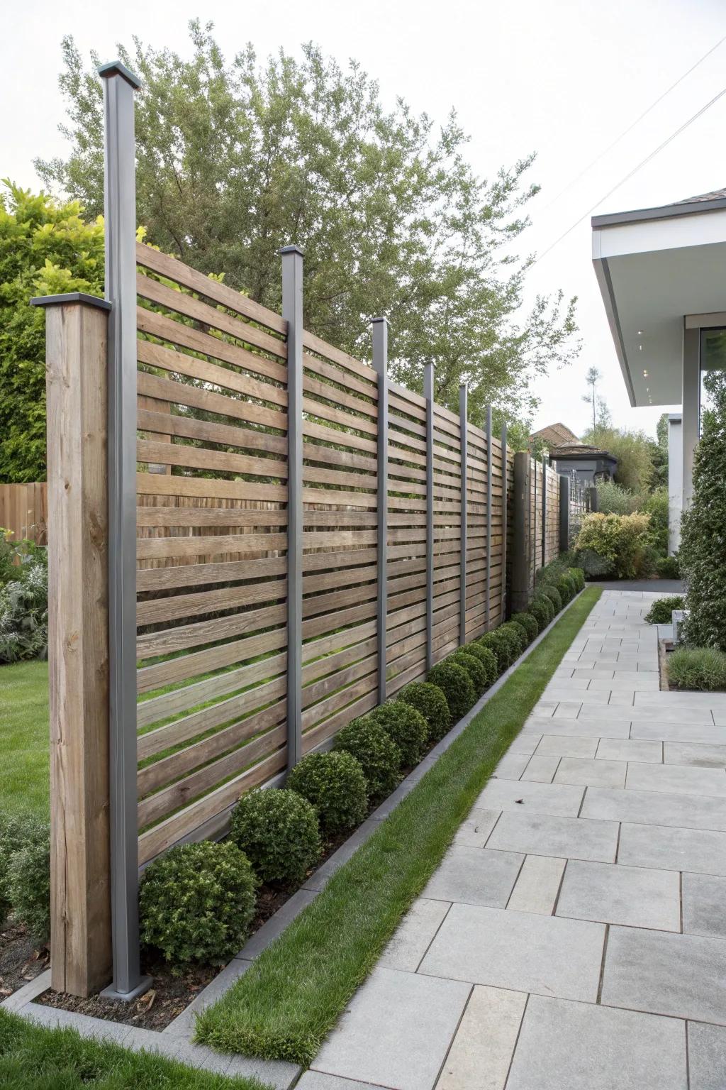 Modern vertical wooden slat fence with metal posts.