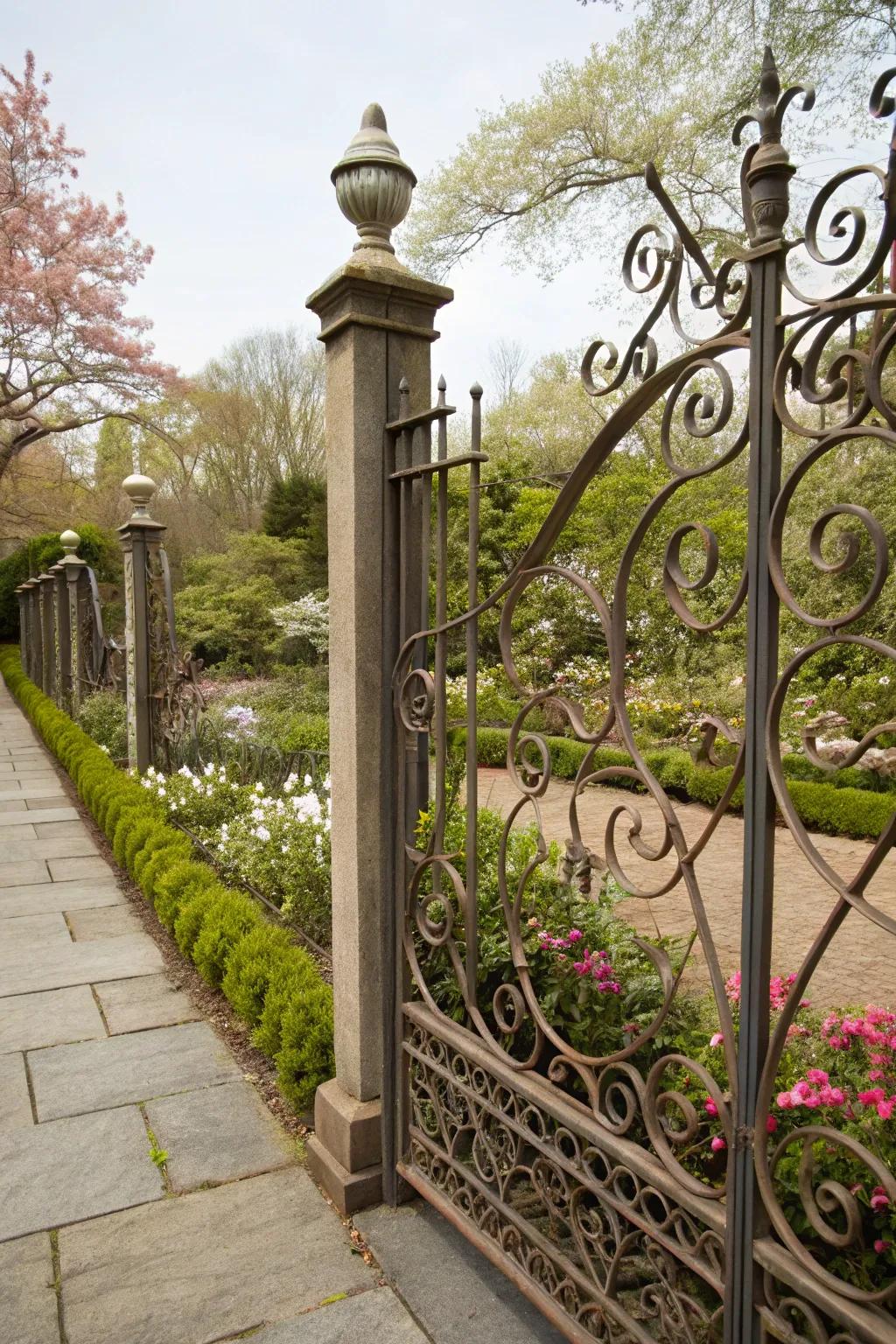 Artistic garden with decorative metalwork fence and metal posts.