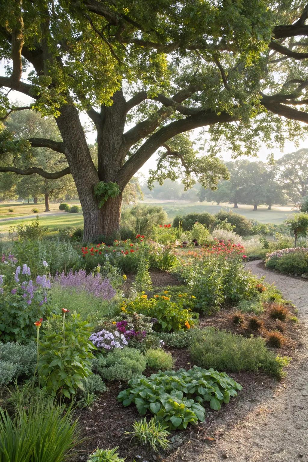 A vibrant tapestry garden with varied plants and textures under an oak tree.