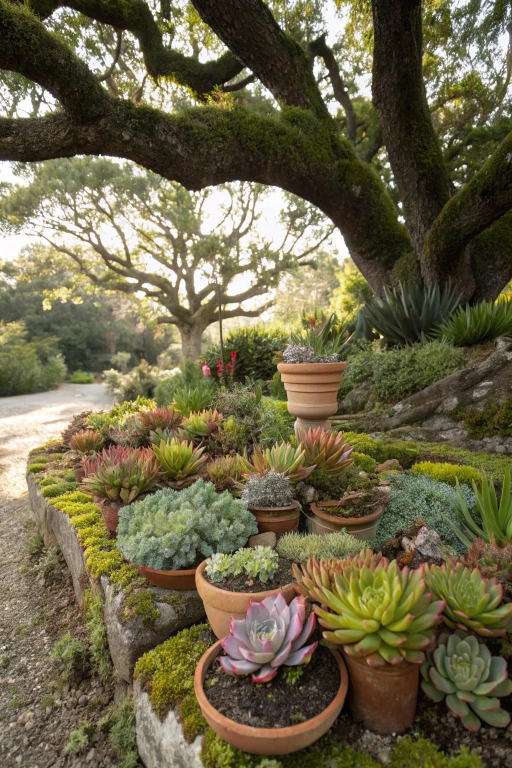 A modern succulent collection adding visual interest under an oak tree.