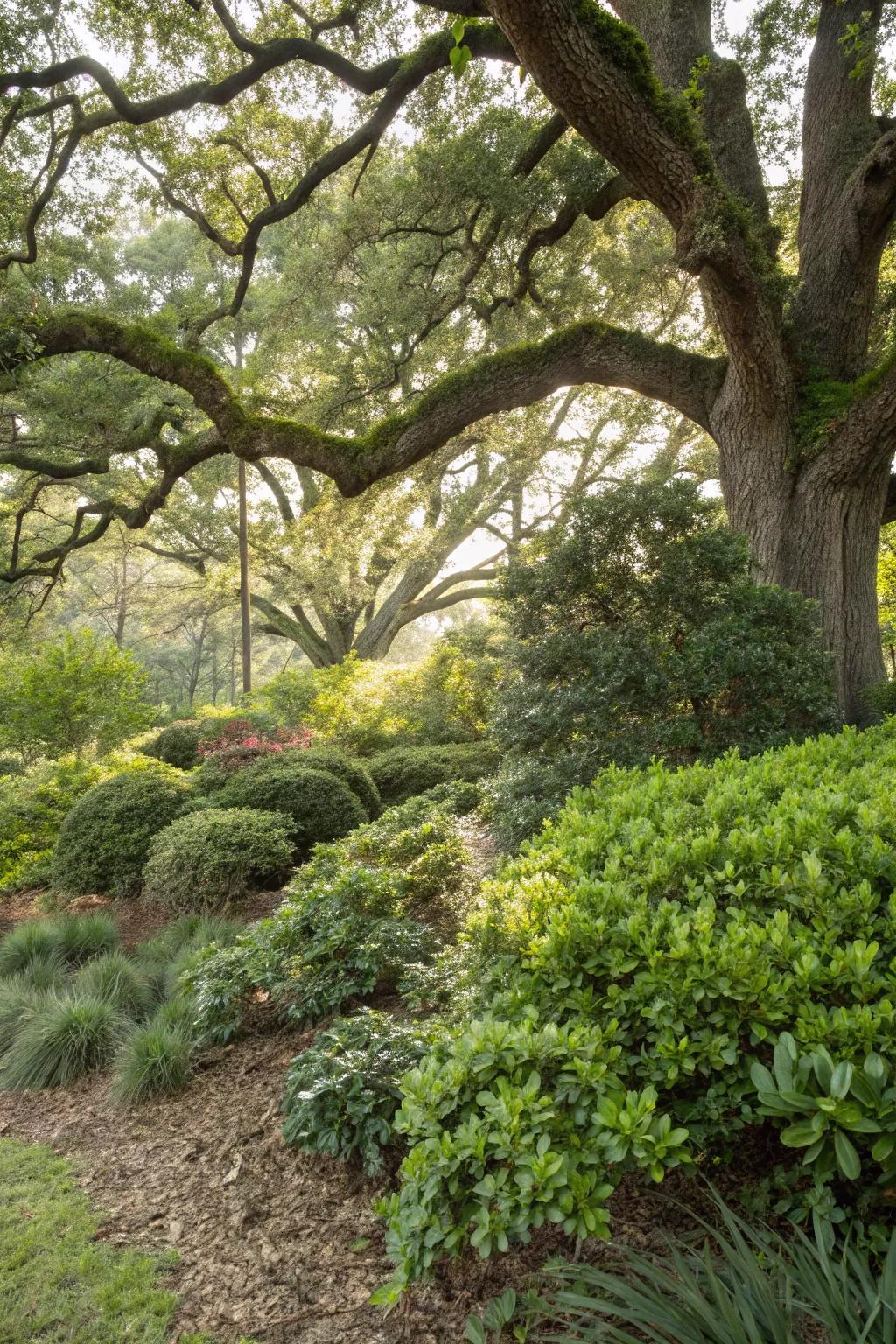A variety of mixed shrubs and bushes enhancing the area beneath an oak tree.
