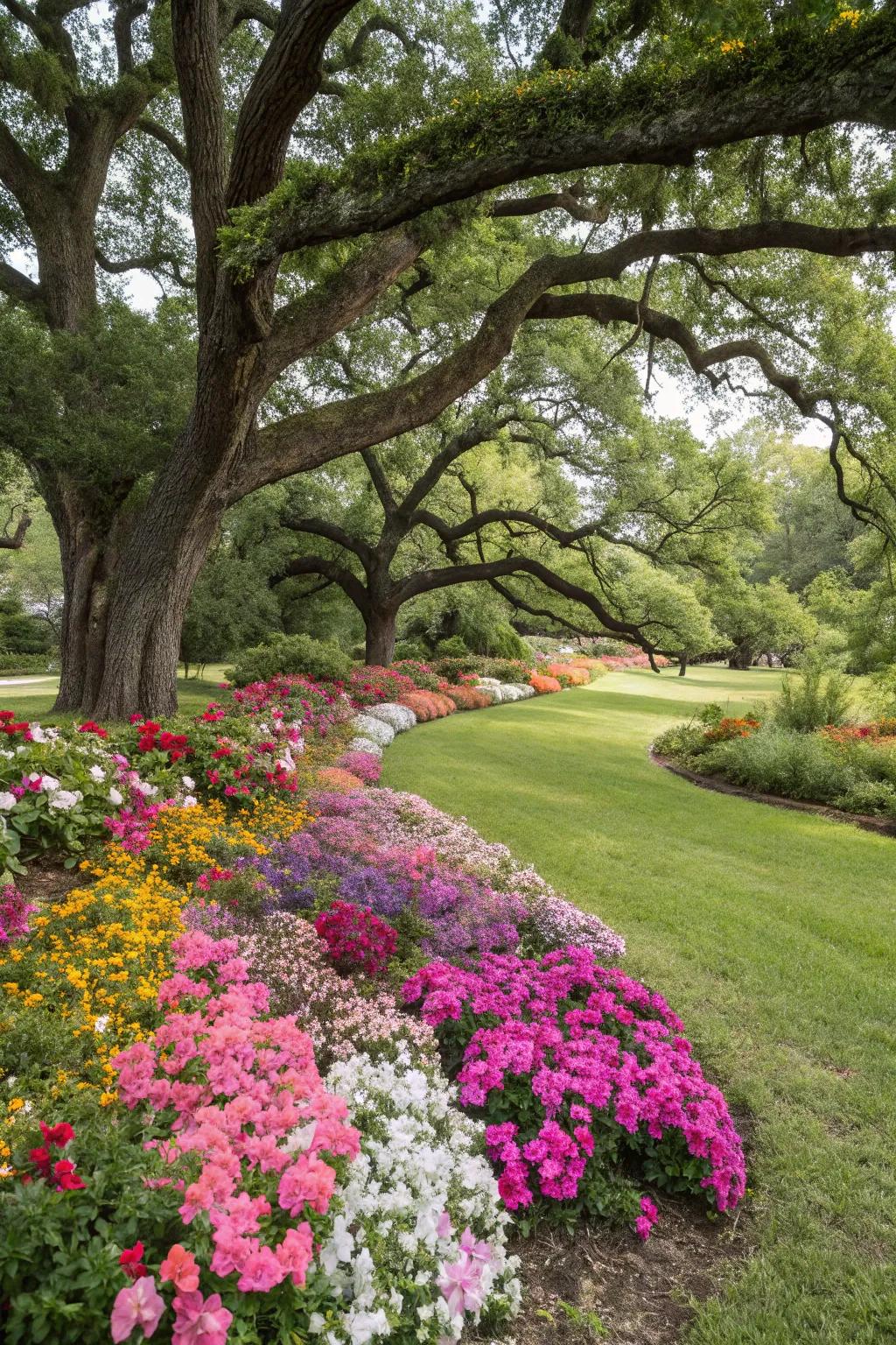 Lush flower beds with perennials flourishing under the shade of an oak tree.