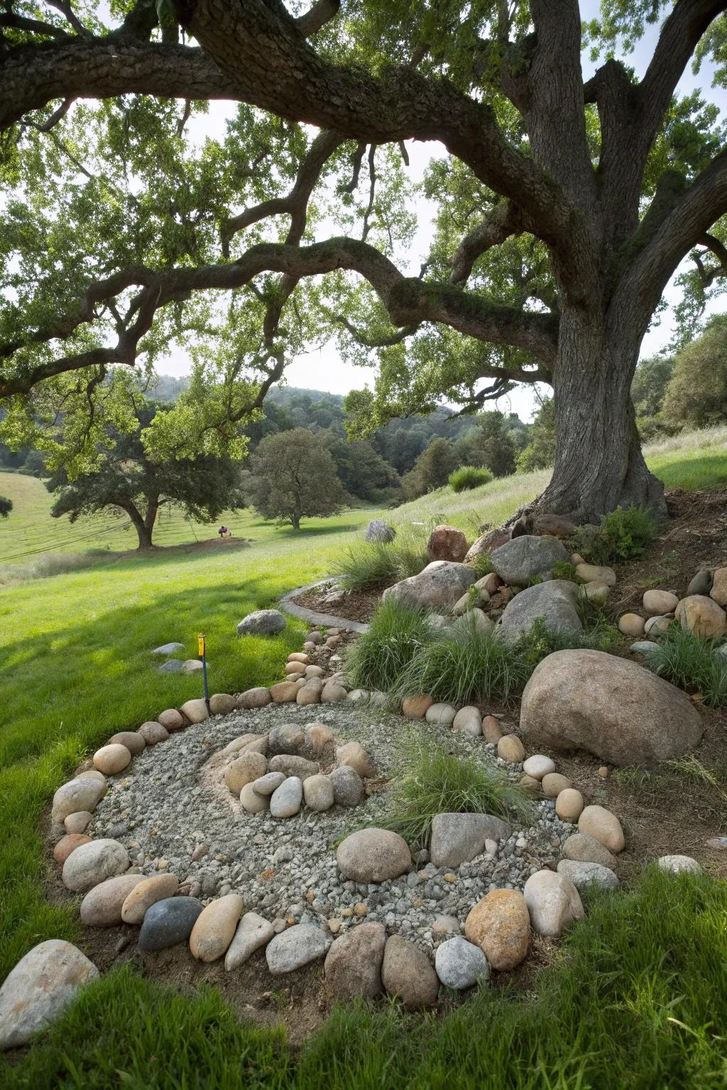 A peaceful rock garden beneath an oak tree, featuring diverse stones and pebbles.