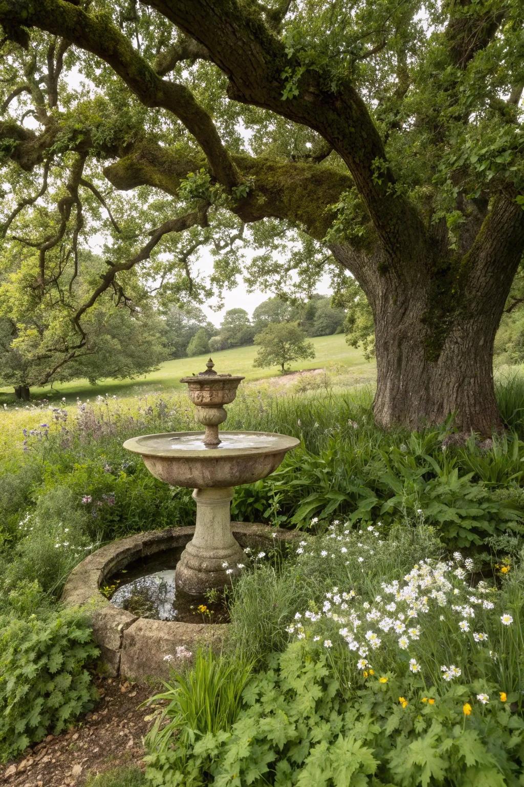 A serene water feature adding a tranquil element under an oak tree.