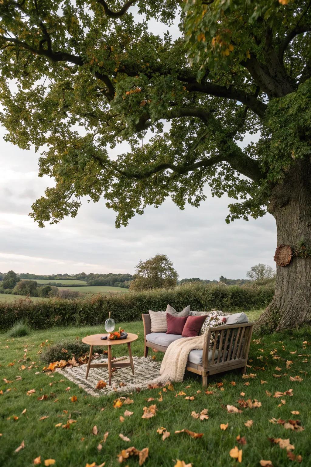 A cozy seating area under an oak tree, perfect for relaxation and reflection.