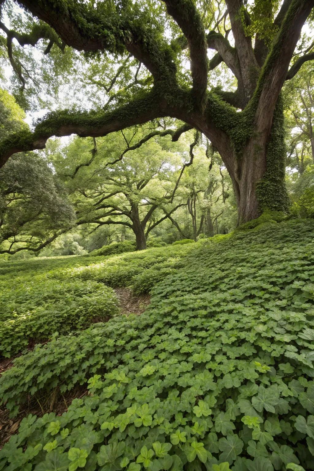 Dense ground covers creating a lush green carpet under an oak tree.