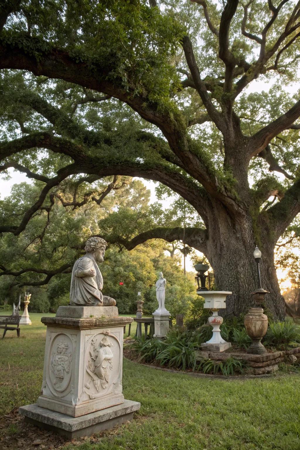 Whimsical sculptures adding artistic flair to the area under an oak tree.