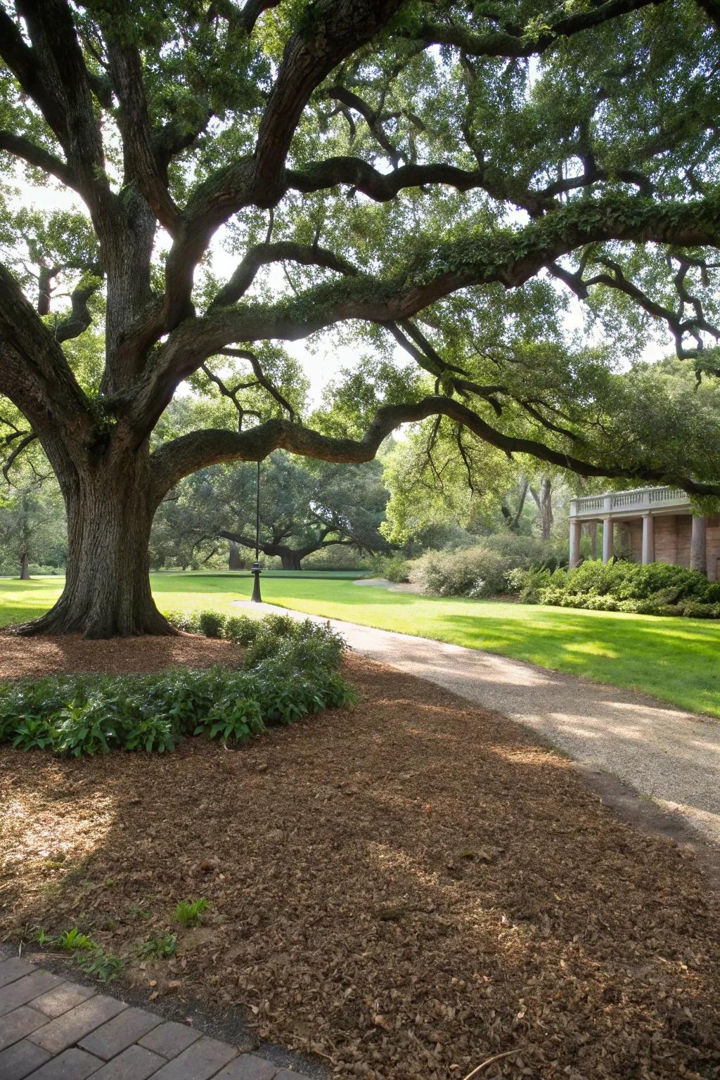 A well-mulched area under an oak tree, providing a clean and tidy appearance.
