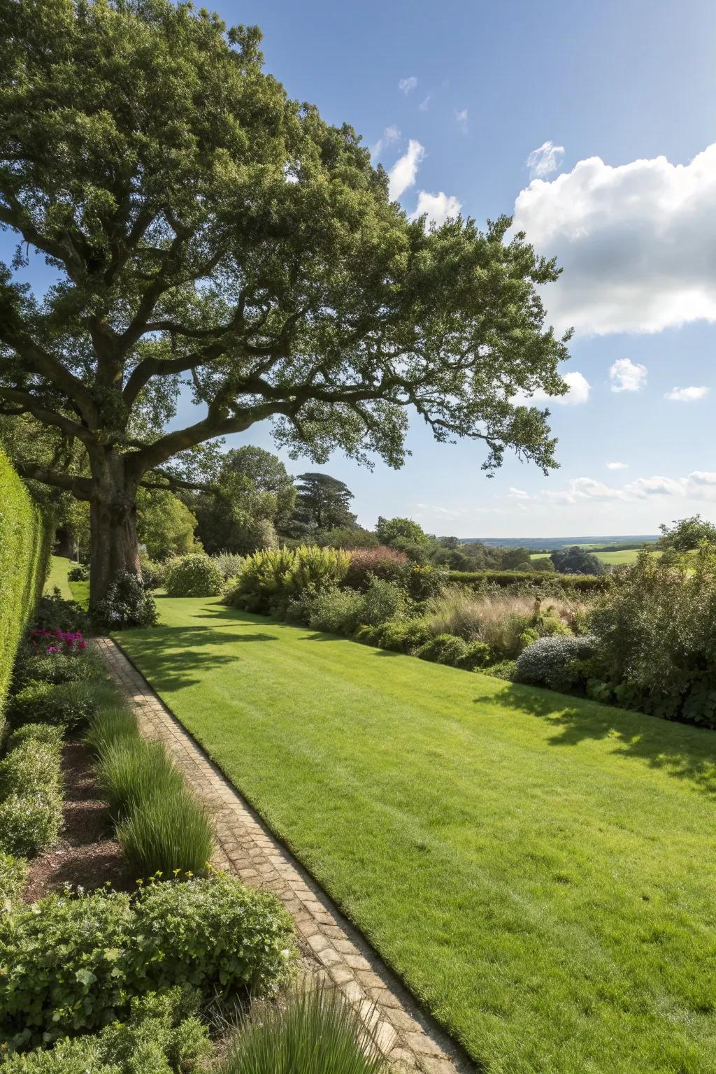 A well-maintained lawn edge clearly separating the garden area under an oak tree.