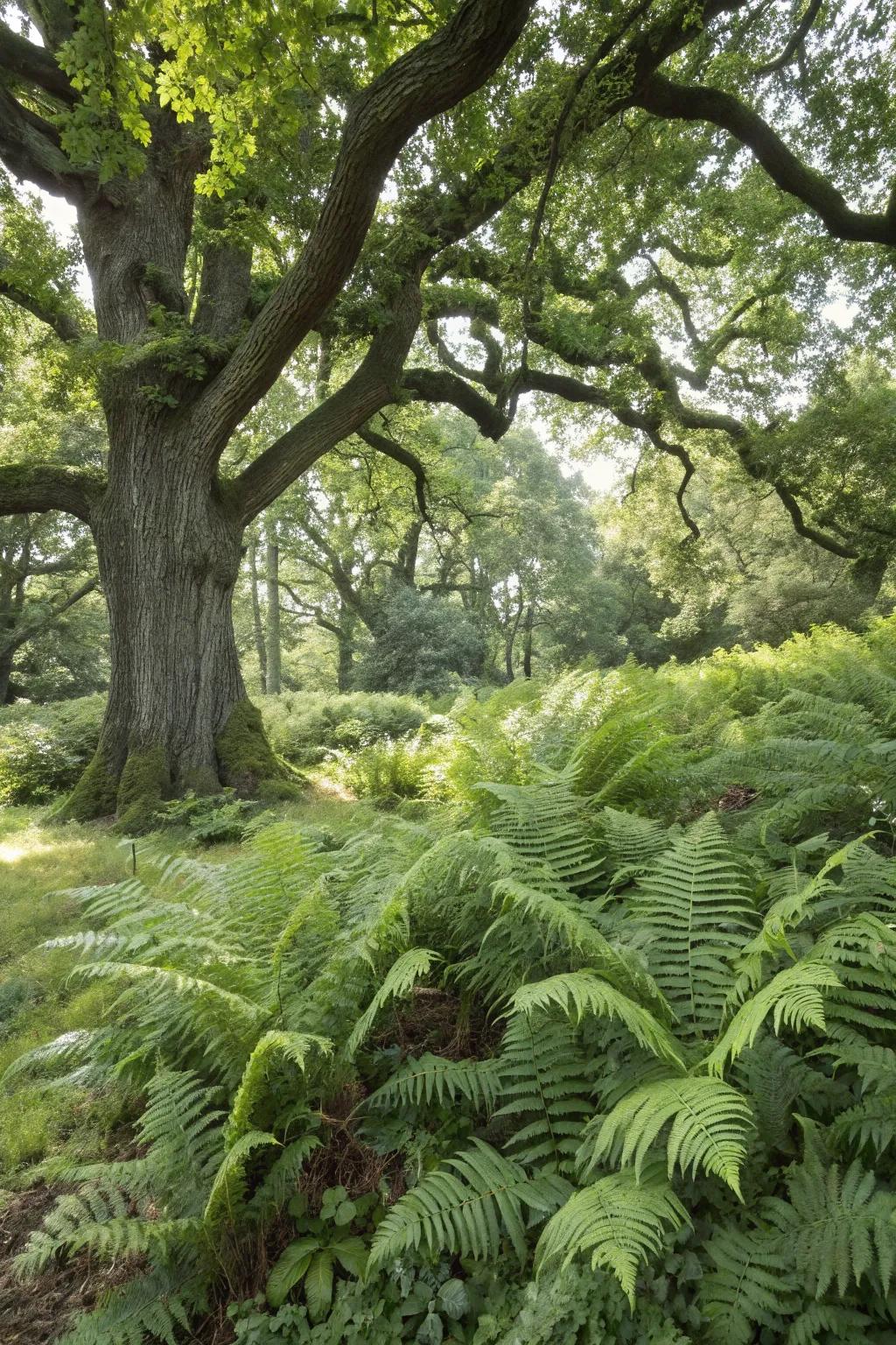Vibrant shade-tolerant ferns flourishing under the protective canopy of an oak tree.