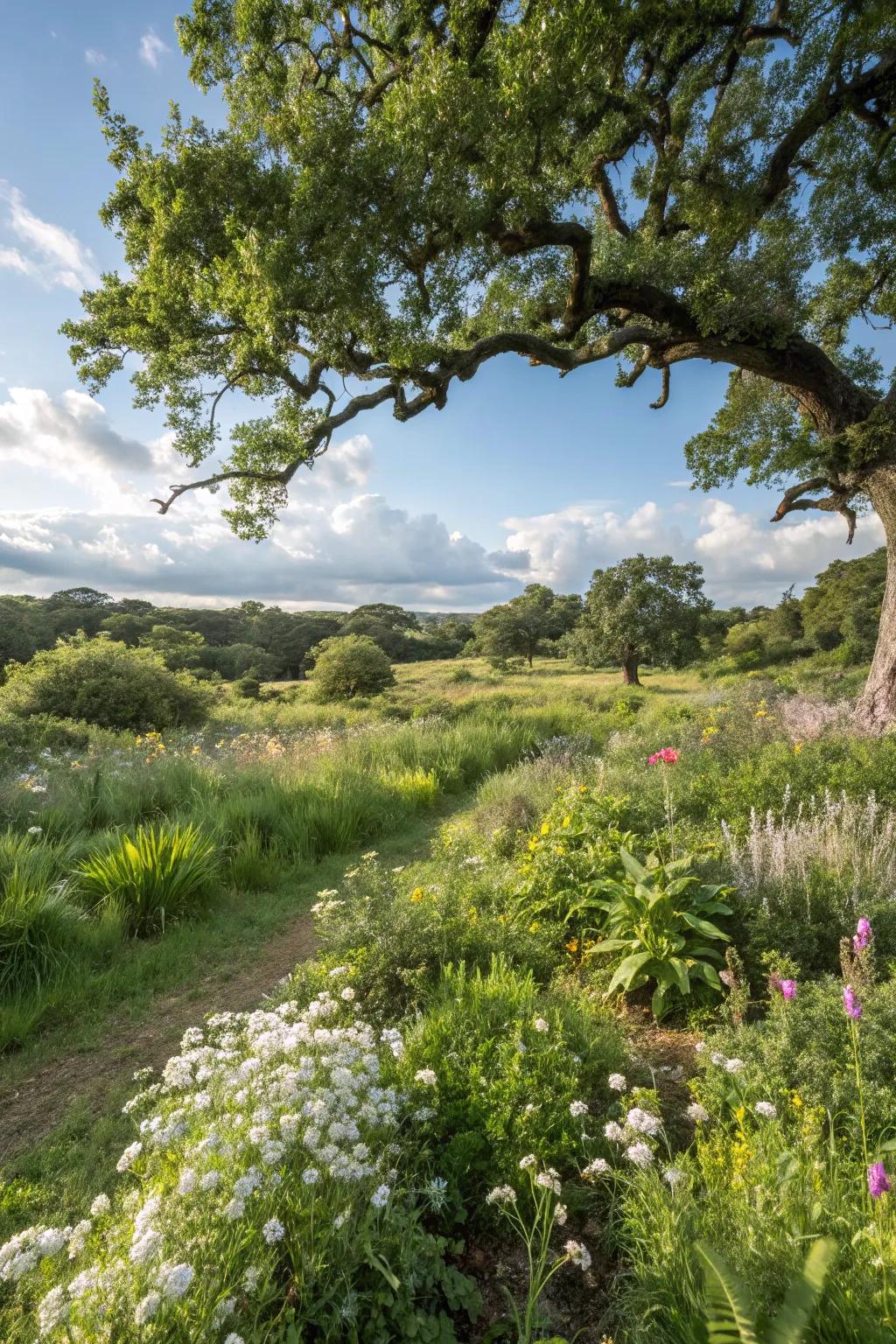 A natural-looking garden under an oak tree, emphasizing native plants and materials.