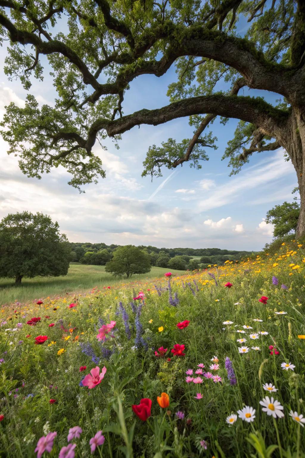 A vibrant wildflower patch adding seasonal color under an oak tree.