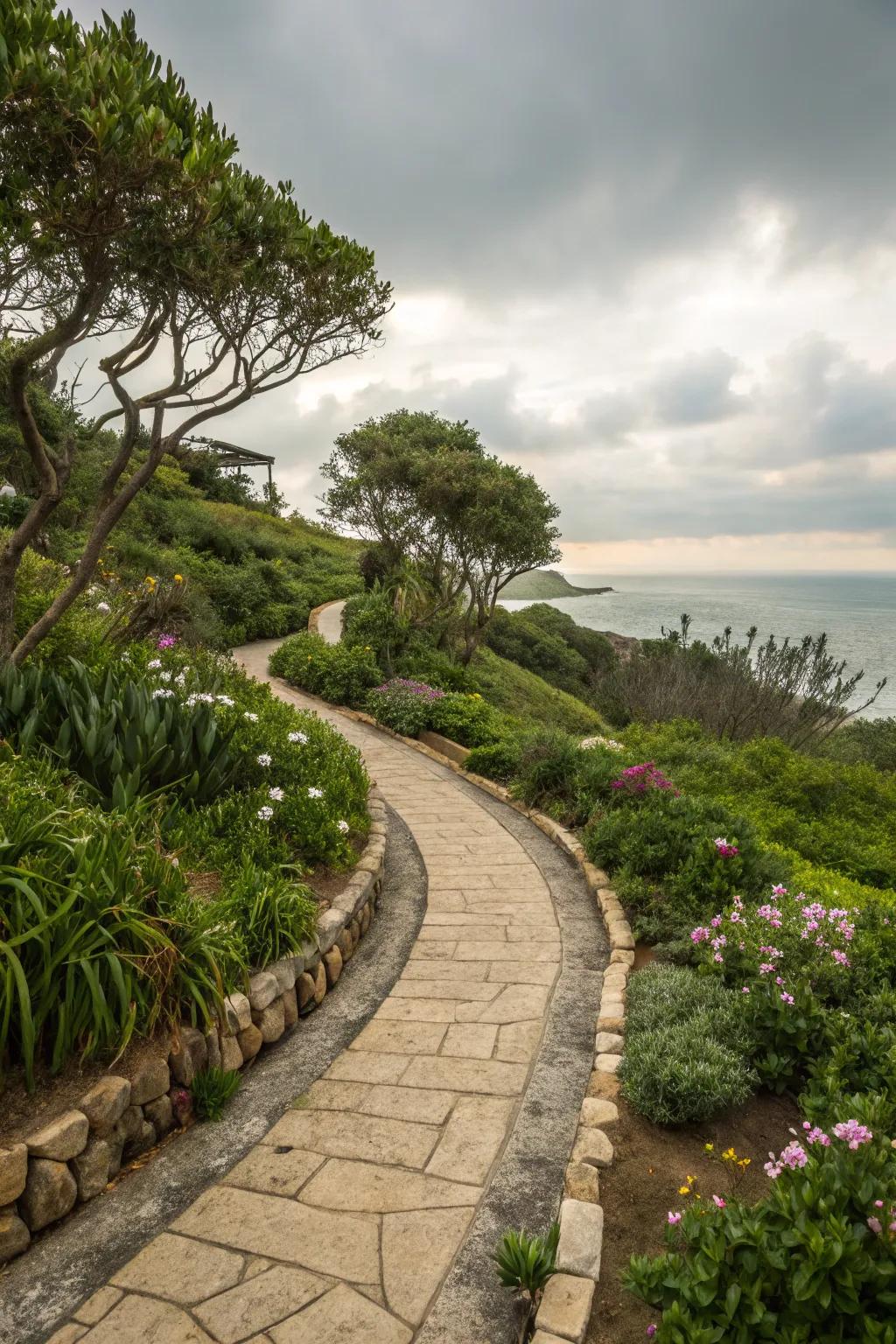 A winding stone pathway in a coastal garden.