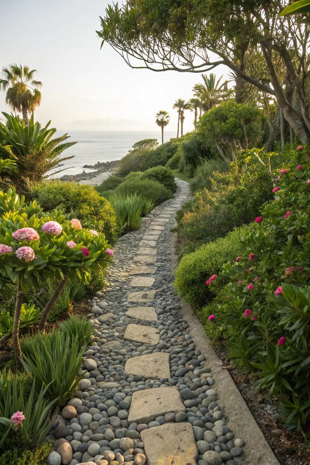 A coastal garden pathway lined with smooth stones and pebbles.