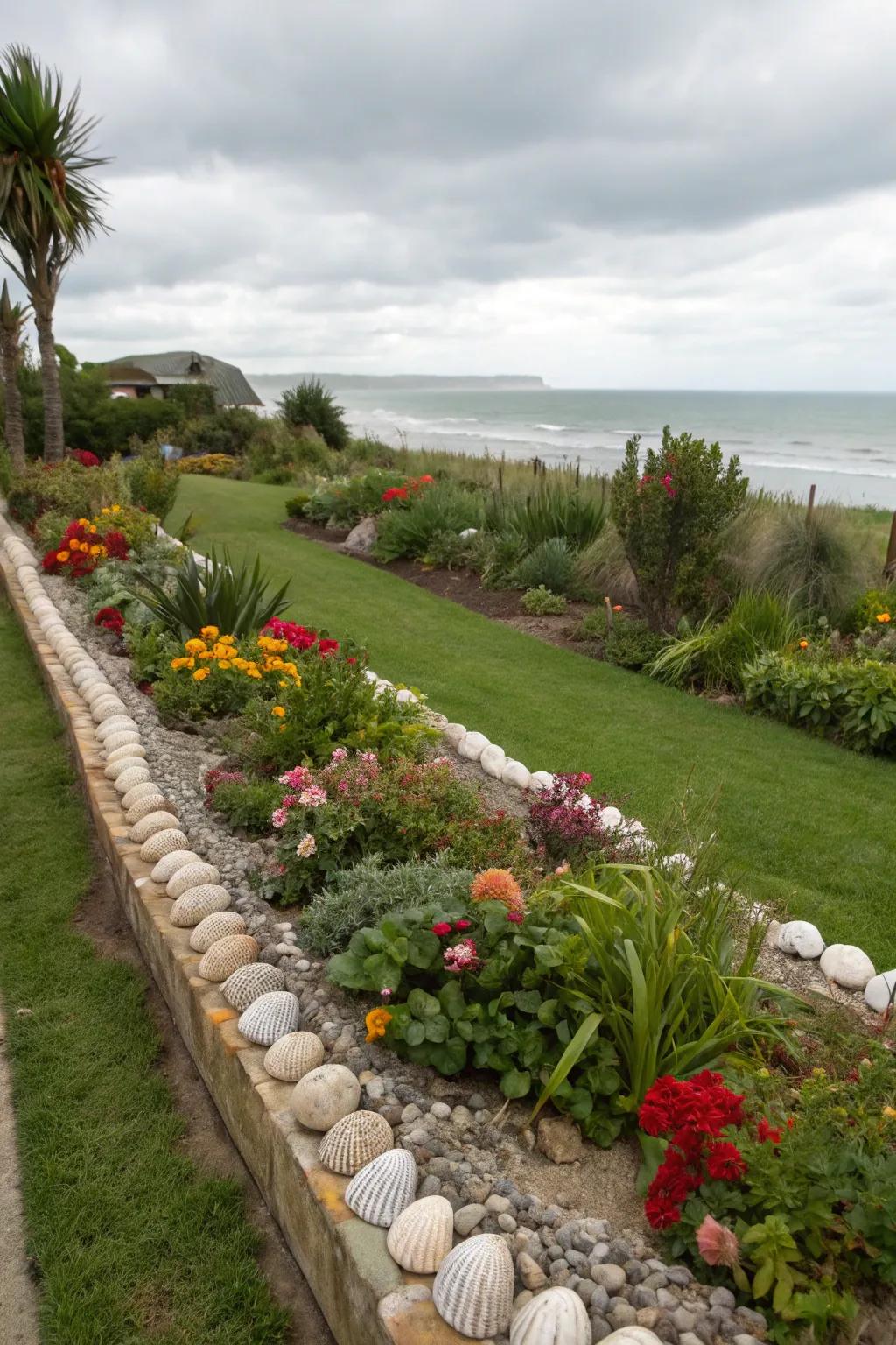 Seashells creating whimsical borders in a coastal garden.