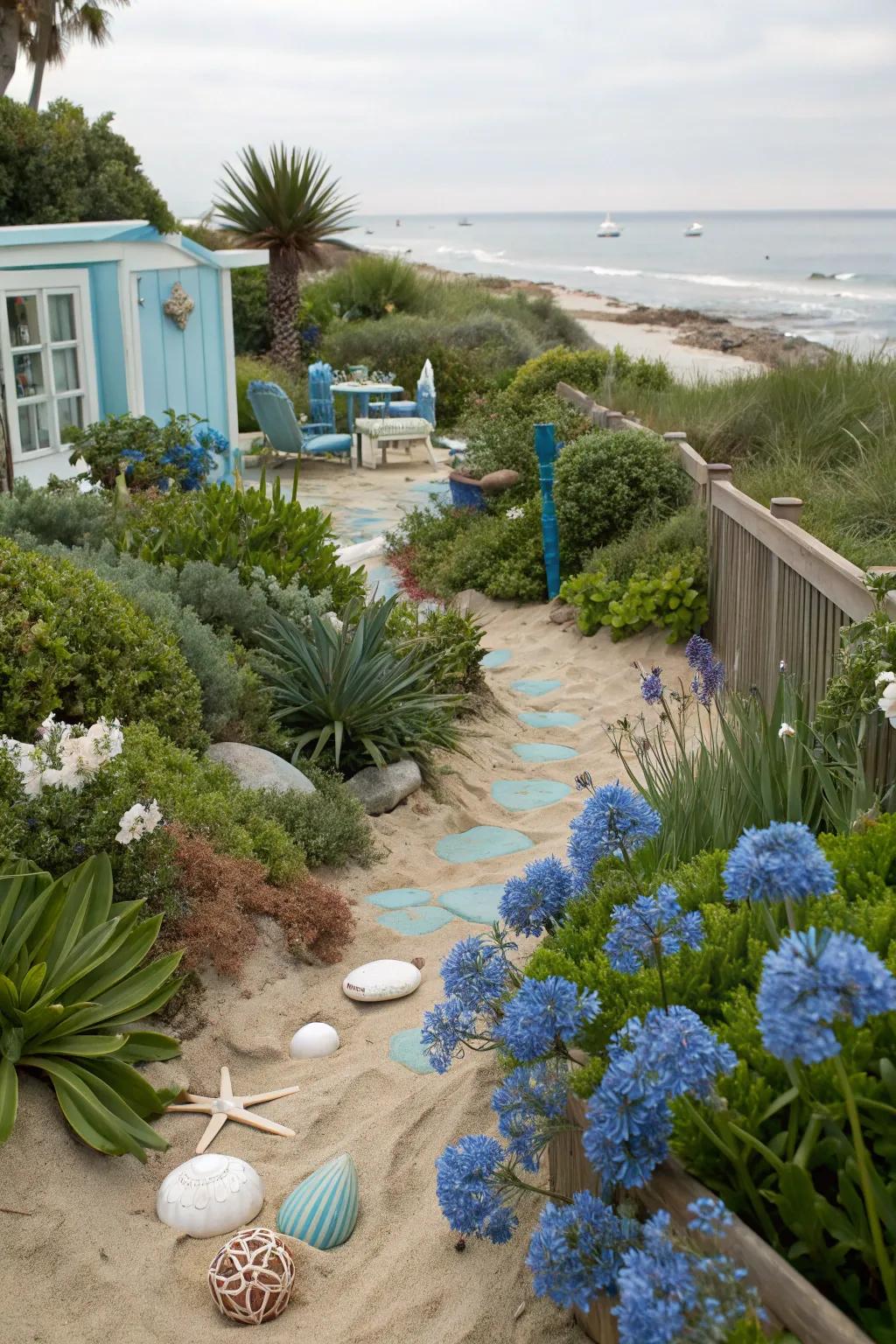 A coastal garden decorated with a soothing color palette.