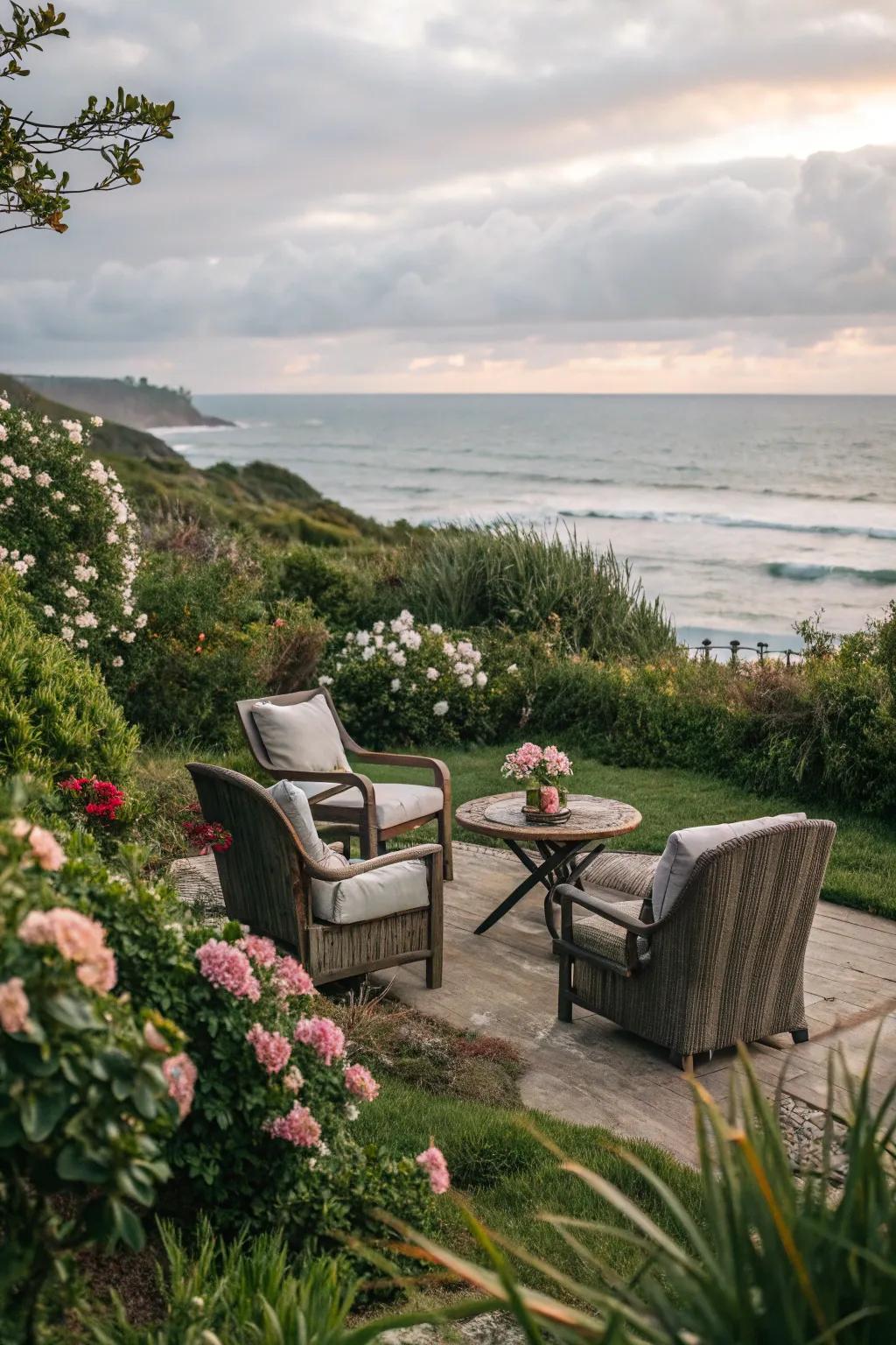 An inviting outdoor seating area in a coastal setting.