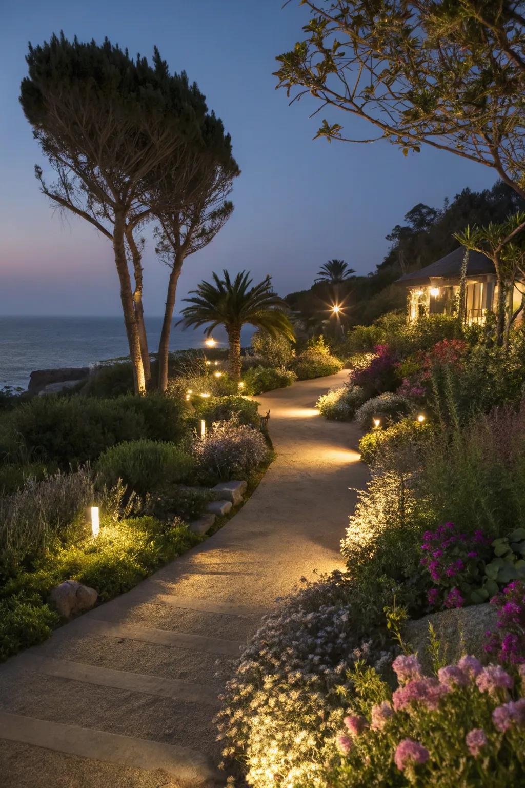 Night lighting transforming a coastal garden.