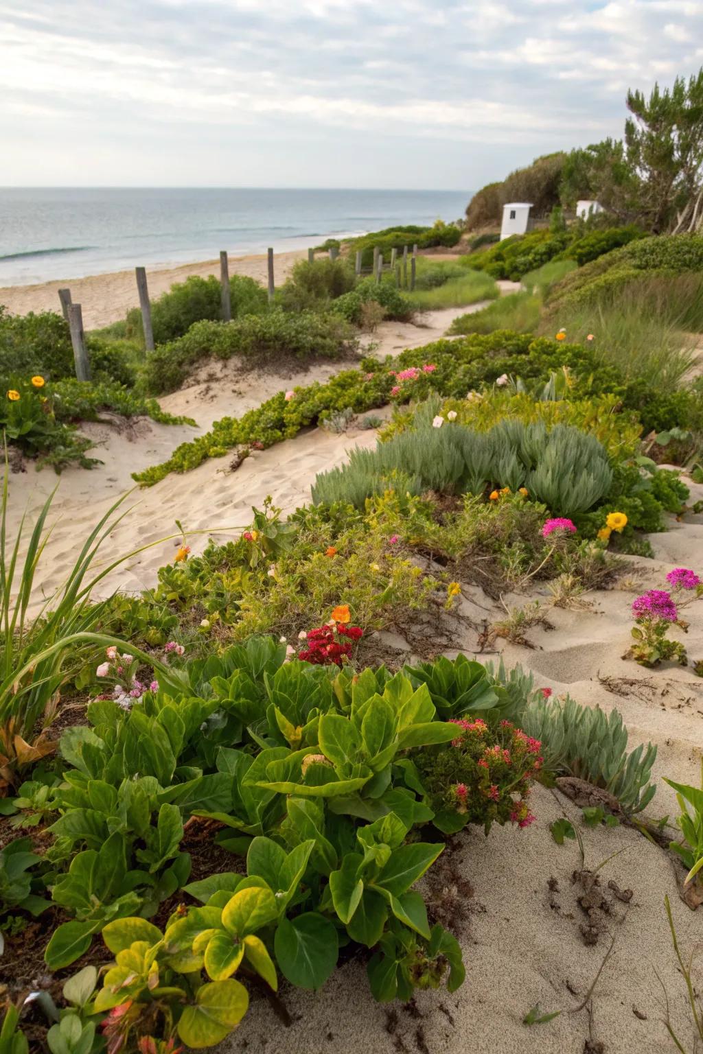Plants thriving in the sandy soil of a coastal garden.