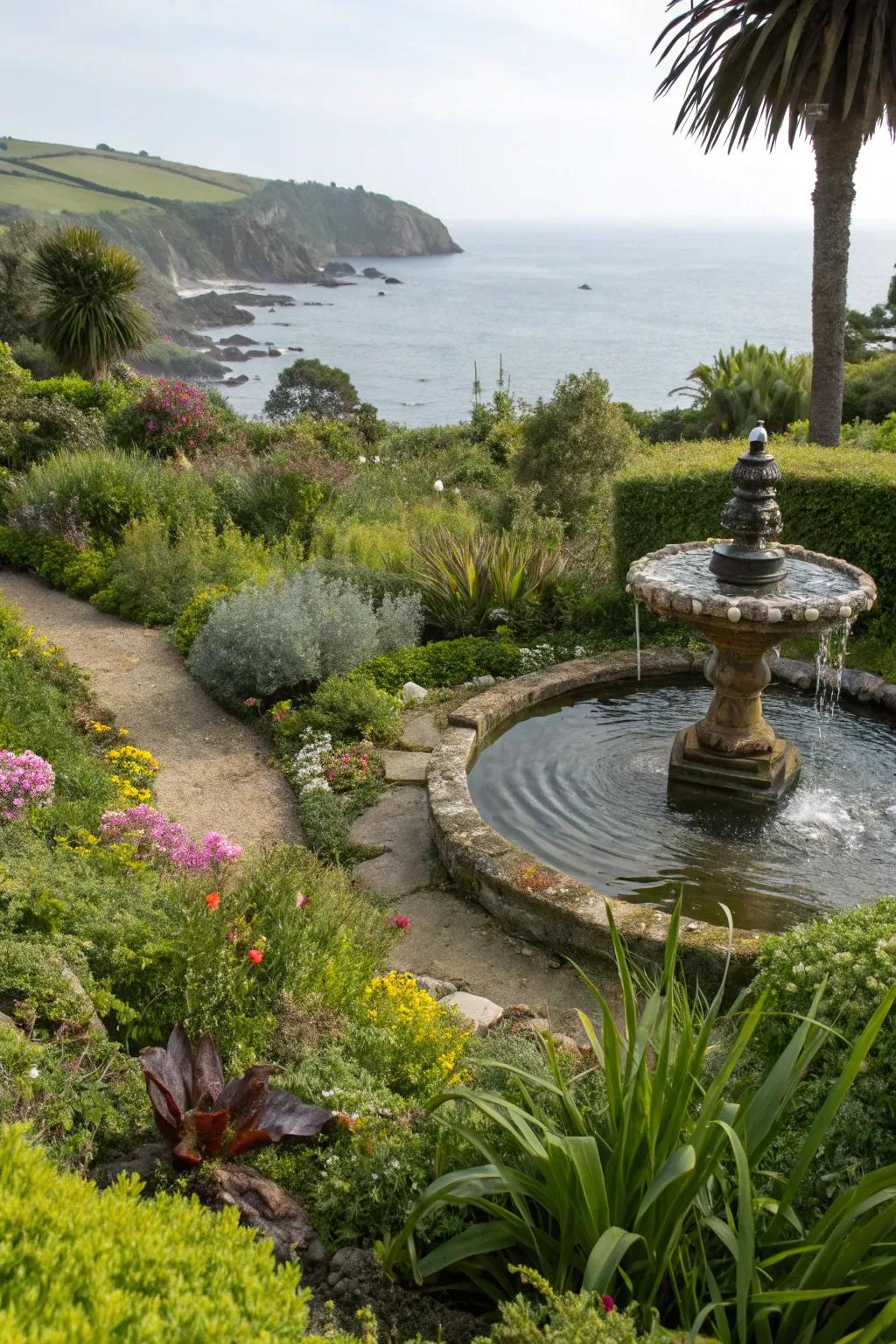 A tranquil water feature in a coastal garden.