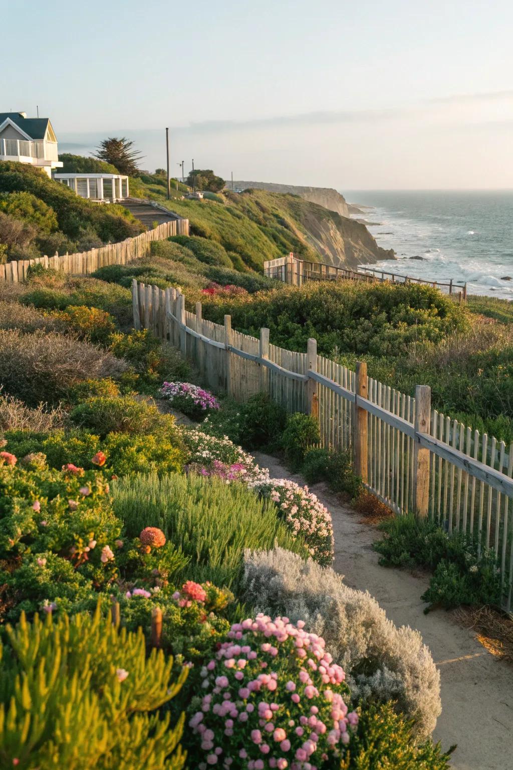 Natural wind screens protecting a coastal garden.