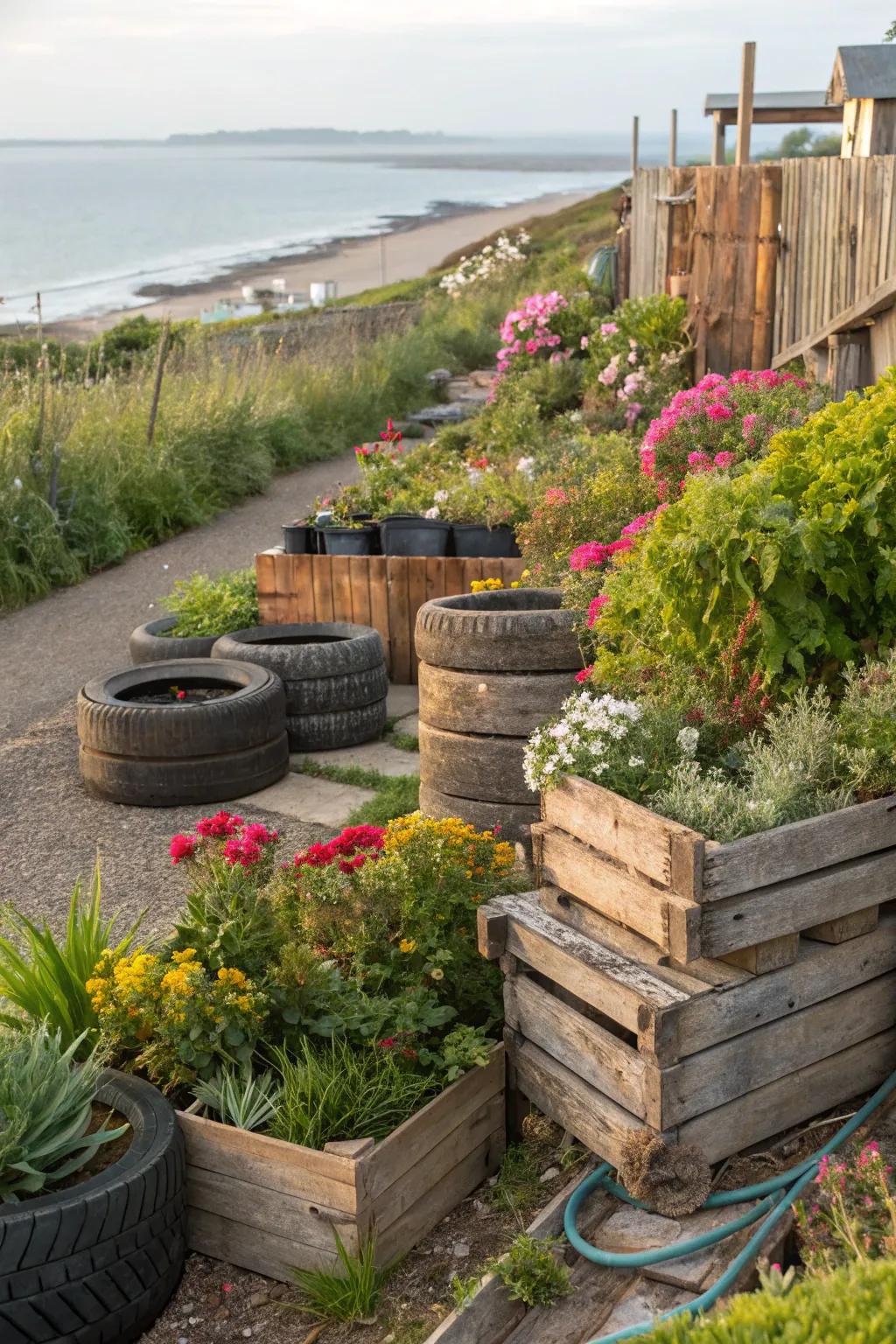 Recycled materials adding sustainability to a coastal garden.