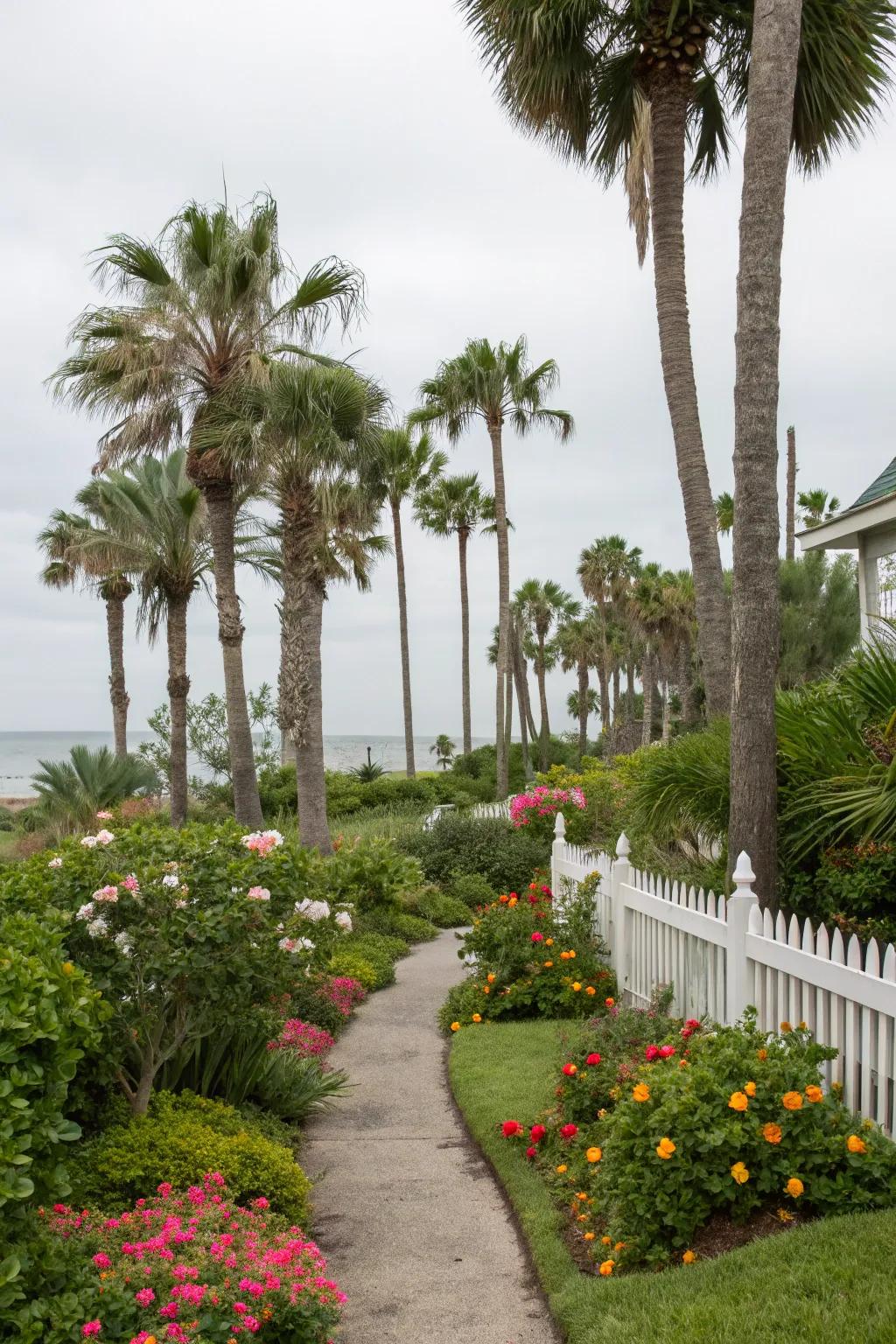 Palm trees bringing a tropical feel to a coastal garden.