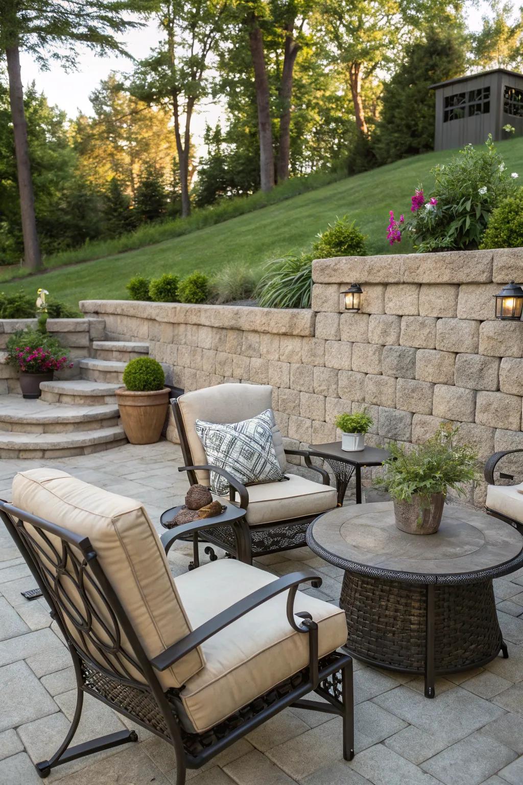 Create a cozy nook with outdoor furniture by your retaining wall.